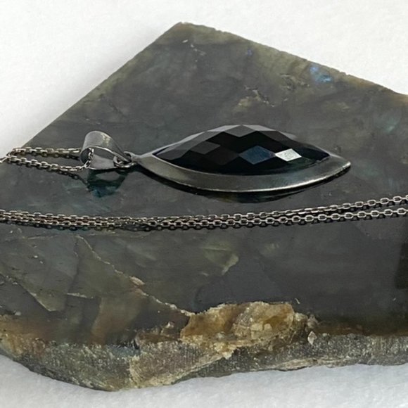 Sterling Silver 925 Oxidized Faceted Black Onyx Marquise Pendant Necklace 17.75" - Picture 6 of 16